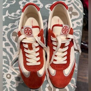 Tory Burch Red and Cream Suede Lace-Up Sneakers